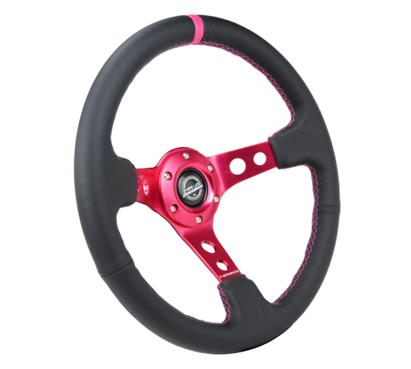 NRG RST-006FH Reinforced Steering Wheel (350mm/3in. Deep) Black Leather/ Fushia Center Mark/ Fushia Stitching