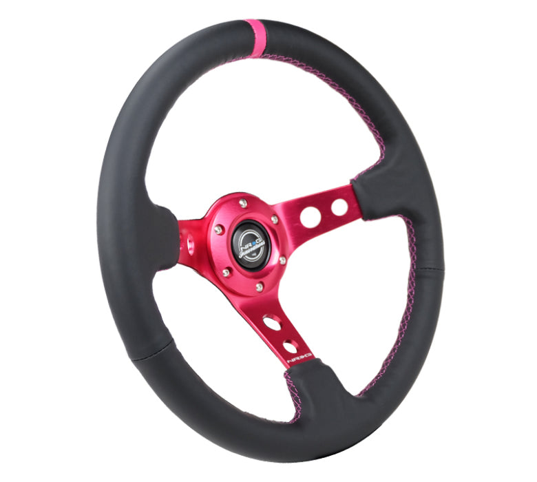 NRG RST-006FH Reinforced Steering Wheel (350mm/3in. Deep) Black Leather/ Fushia Center Mark/ Fushia Stitching