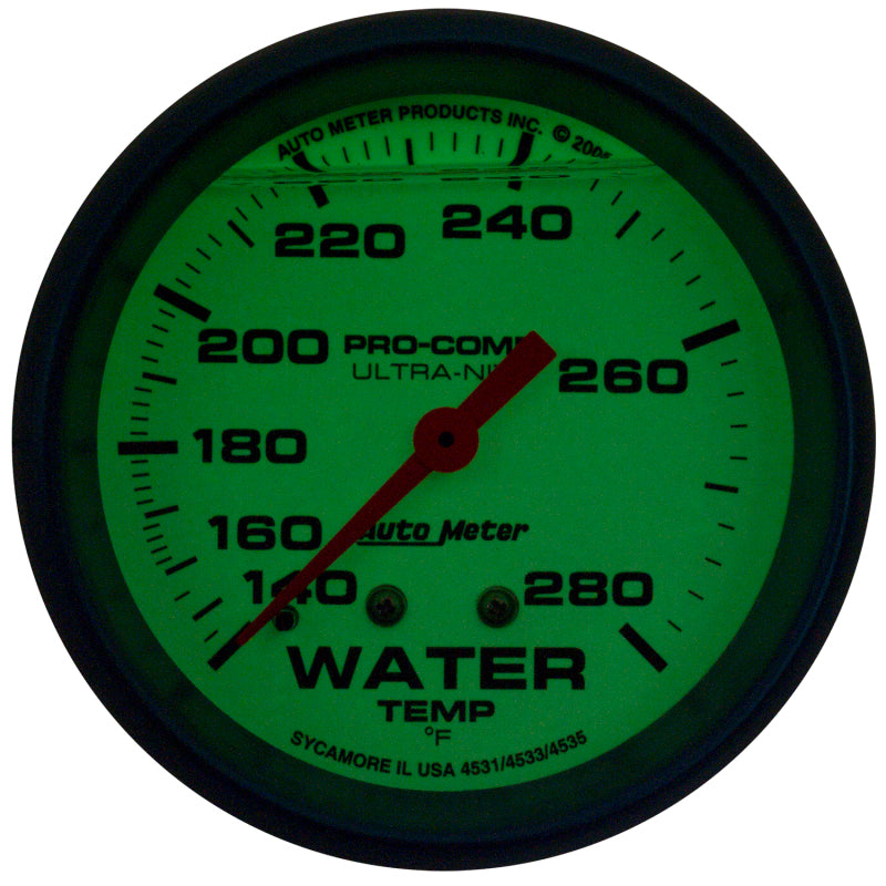AutoMeter 4231 Autometer Ultra-Nite 2-5/8in 140-280 Degree Liquid Filled Mechanical Glow In Dark Water Temp Gauge