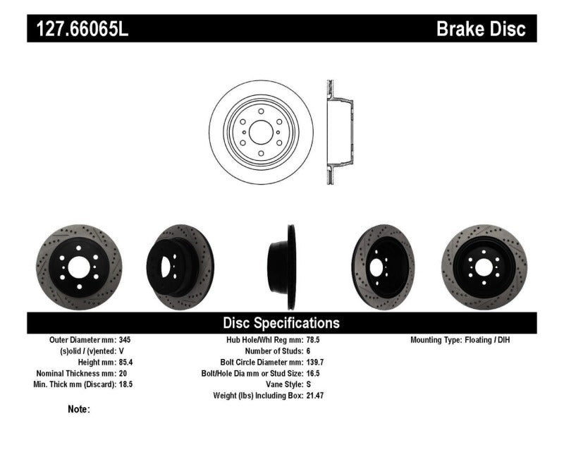 Stoptech 127.66065L StopTech 07-10 GMC Sierra (w/ Rear Drum) / 07-09 GMC Yukon Rear Left Slotted & Drilled Rotor