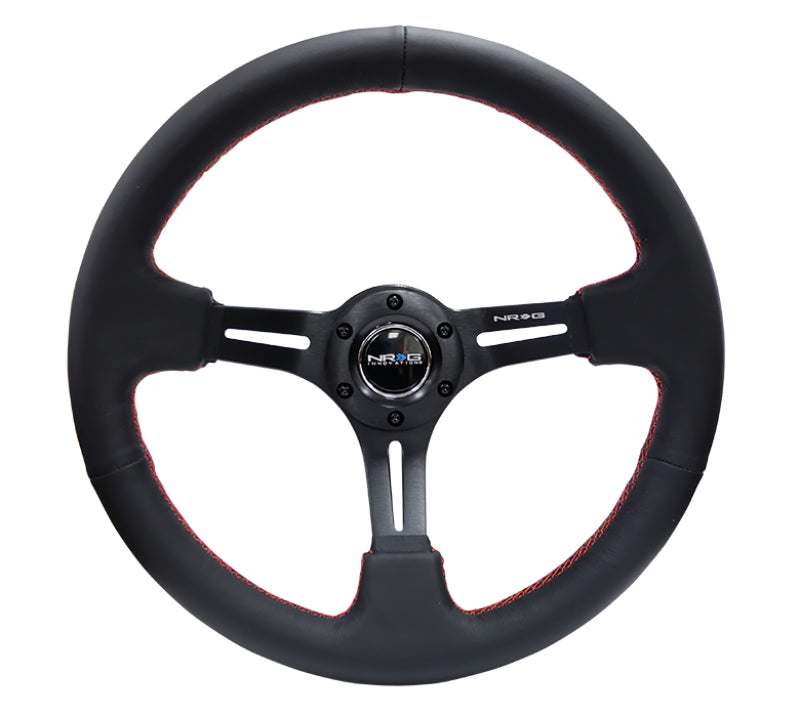 NRG RST-018R-RS Reinforced Steering Wheel (350mm / 3in. Deep) Black Leather/Red Stitch & Blk 3-Spoke w/Slits