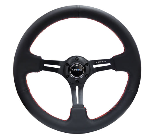 NRG RST-018R-RS Reinforced Steering Wheel (350mm / 3in. Deep) Black Leather/Red Stitch & Blk 3-Spoke w/Slits