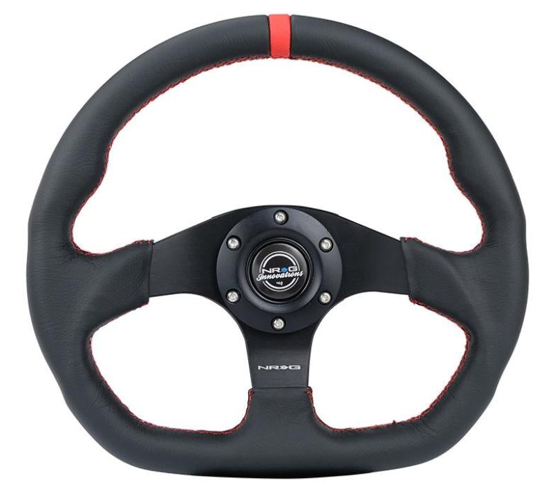 NRG RST-024MB-R-RD Reinforced Steering Wheel (320mm) Sport Leather Flat Bottom w/ Red Center Mark/ Red Stitching
