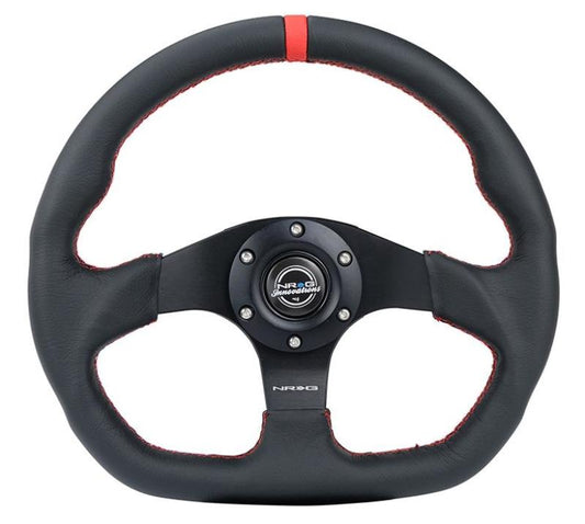 NRG RST-024MB-R-RD Reinforced Steering Wheel (320mm) Sport Leather Flat Bottom w/ Red Center Mark/ Red Stitching