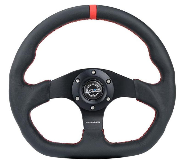 NRG RST-024MB-R-RD Reinforced Steering Wheel (320mm) Sport Leather Flat Bottom w/ Red Center Mark/ Red Stitching