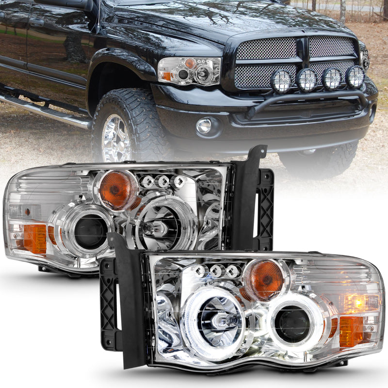 ANZO 111491 2002-2005 Dodge RAM 1500 Projector Headlights w/ Halo Chrome Clear Amber