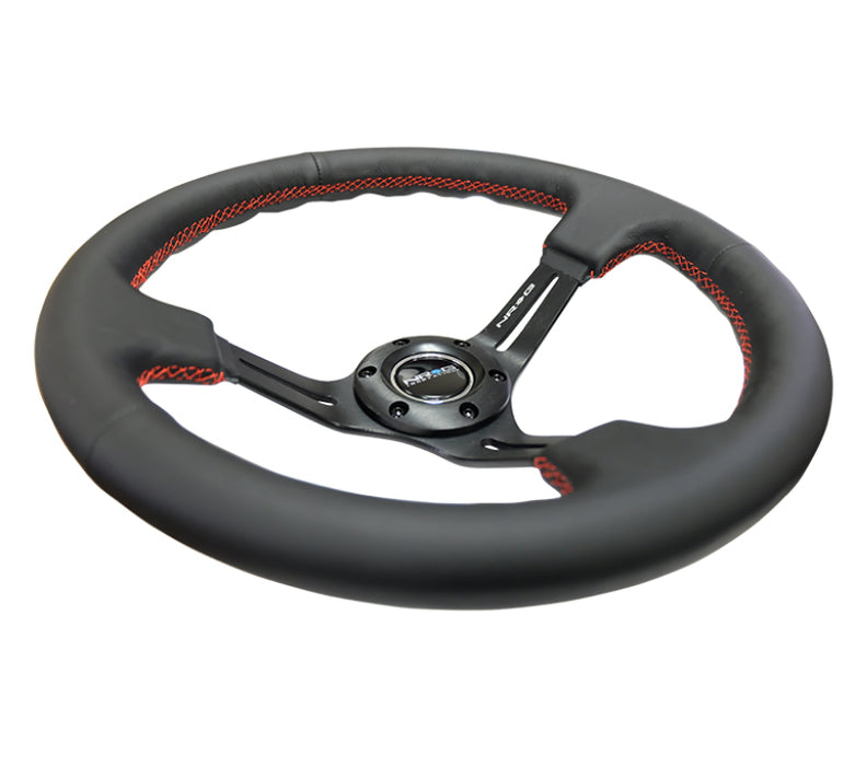NRG RST-018R-RS Reinforced Steering Wheel (350mm / 3in. Deep) Black Leather/Red Stitch & Blk 3-Spoke w/Slits