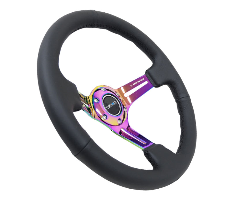 NRG RST-018R-MCBS Reinforced Steering Wheel (350mm / 3in. Deep) Blk Leather/Blk Stitch w/Neochrome Slits