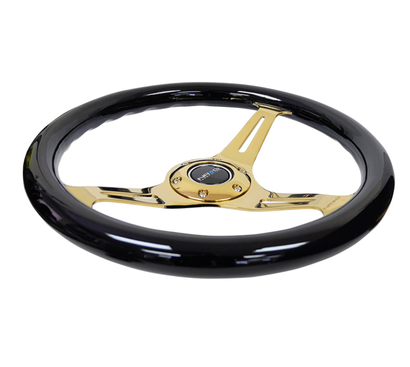 NRG ST-015CG-BK Classic Wood Grain Steering Wheel (350mm) Black Grip w/Chrome Gold 3-Spoke Center