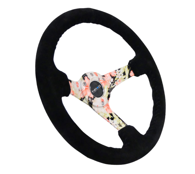 NRG RST-036FL-S Reinforced Steering Wheel (350mm / 3in. Deep) Blk Suede Floral Dipped w/ Blk Baseball Stitch