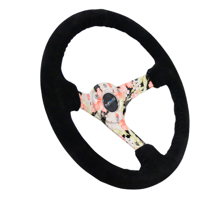 NRG RST-036FL-S Reinforced Steering Wheel (350mm / 3in. Deep) Blk Suede Floral Dipped w/ Blk Baseball Stitch