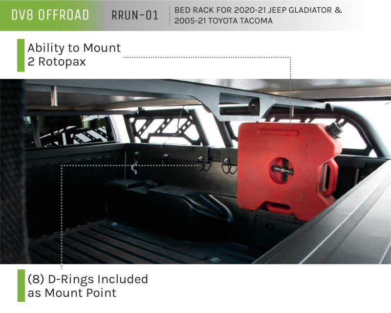 DV8 Offroad RRUN-01 20-22 Jeep Gladiator JT / 05-21 Toyota Tacoma Overland Bed Rack - 2pc. Adjustable