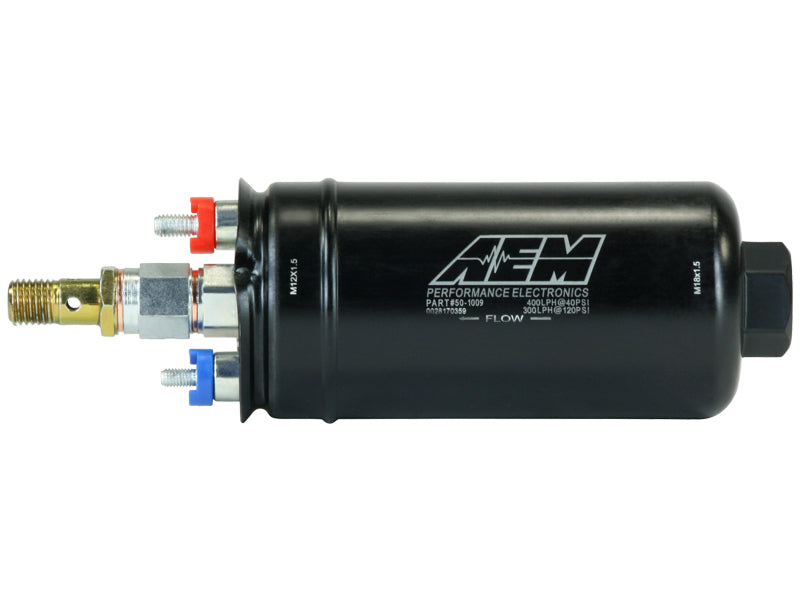 AEM 50-1009 400LPH High Pressure Inline Fuel Pump - M18x1.5 Female Inlet to M12x1.5 Male Outlet