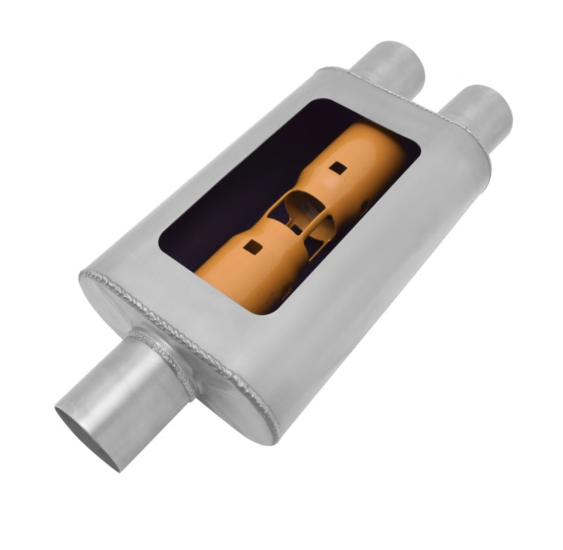 Gibson BM0109 MWA Superflow Center/Dual Oval Muffler - 4x9x14in/3in Inlet/2.5in Outlet - Stainless