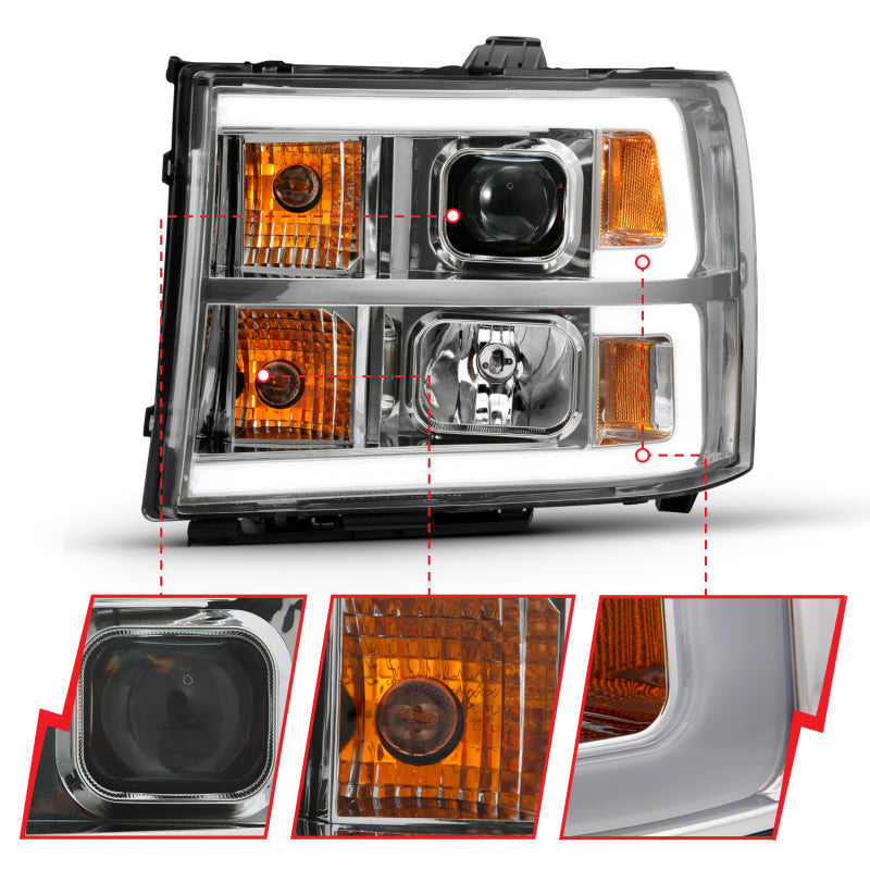 ANZO 111483 2007-2013 GMC Sierra 1500 Projector Headlight Plank Style Chrome w/ Clear Lens Amber