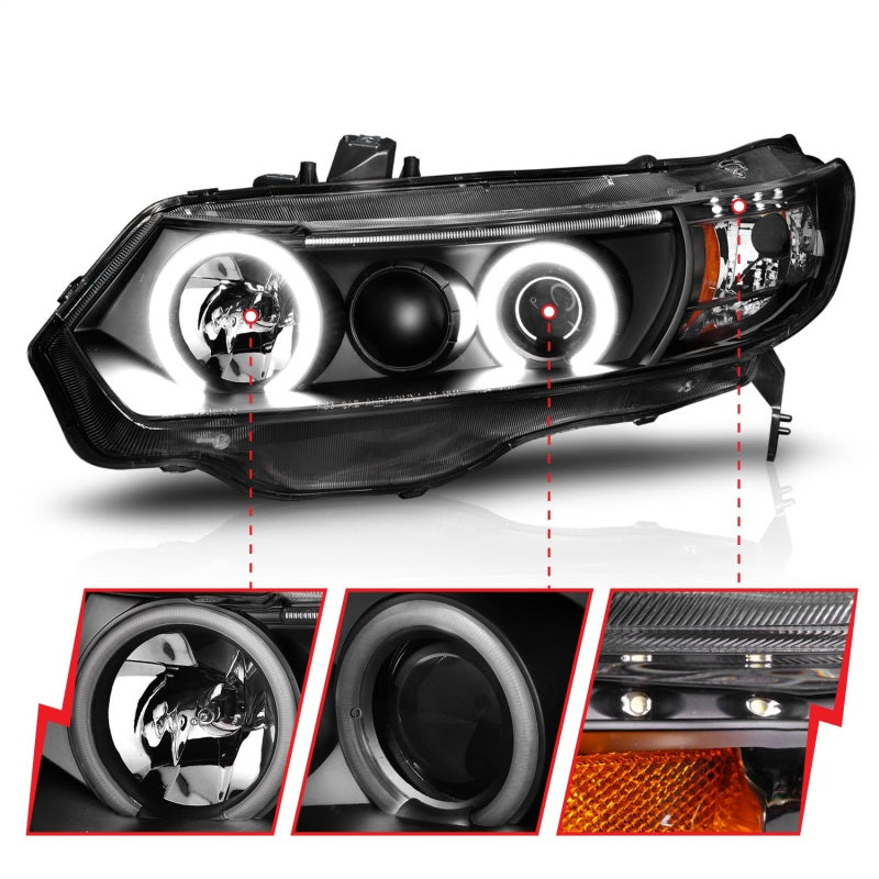 ANZO 121062 2006-2011 Honda Civic Projector Headlights w/ Halo Black (CCFL)