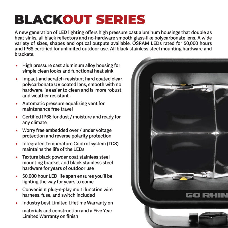 Go Rhino 750700321SCS Xplor Blackout Series Cube LED Sideline Spot Light Kit (Surface Mount) 4x3 - Blk (Pair)