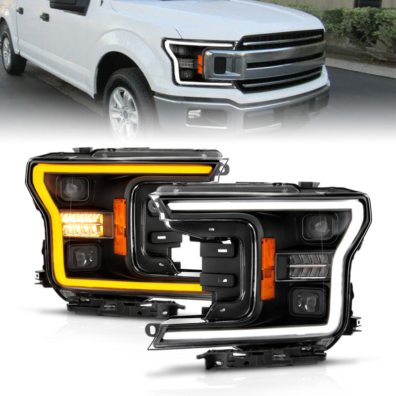 ANZO 111570 18-20 Ford F-150 (w/o Fctry LED) Full LED Proj Headlights w/Light Bar Swtchbk Seq. Black w/Init