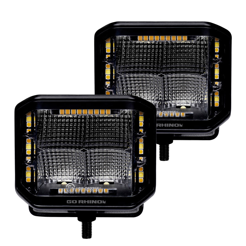 Go Rhino 750700322FCS Xplor Blackout Combo Series Cube Sideline LED Flood Lights w/Amber 4x3 - Blk (Pair)
