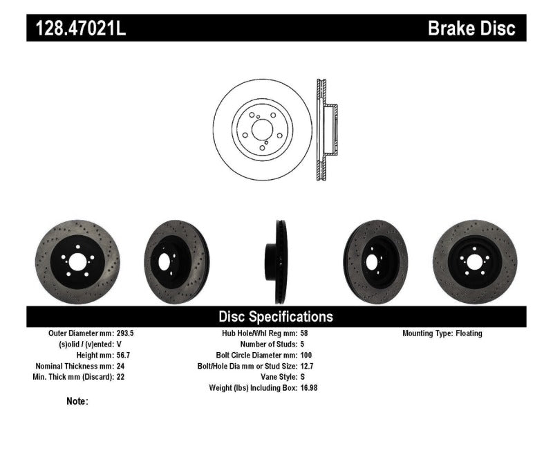 Stoptech 128.47021L StopTech Drilled Sport Brake Rotor
