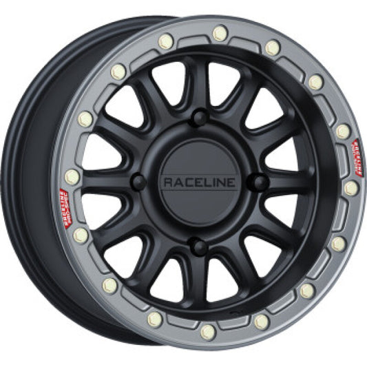 Raceline A14BG-57056+10 A14BG Alpha 15x7in/4x156 BP/10mm Offset/132.5mm Bore - Black & Gunmetal Ring Beadlock Wheel