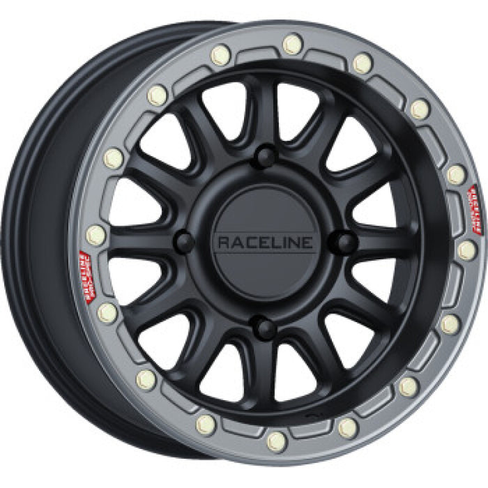 Raceline A14BG-57056+10 A14BG Alpha 15x7in/4x156 BP/10mm Offset/132.5mm Bore - Black & Gunmetal Ring Beadlock Wheel