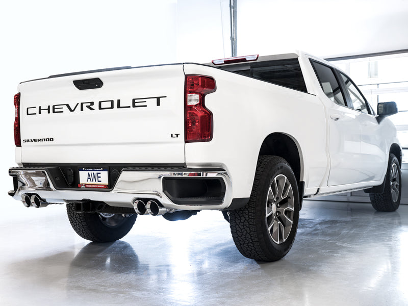 AWE Tuning 3015-42203 4th Gen GM 1500 6.2L 0FG Catback Split Rear Exit (w/ Bumper Cutouts) - Quad Chrome Tips