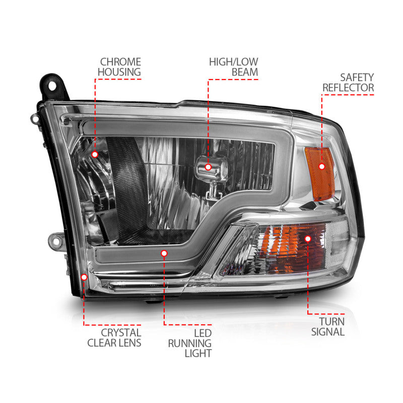 ANZO 111516 2009-2018 Dodge RAM 1500/ 2500/ 3500 Crystal Headlights w/ Light Bar Chrome Housing