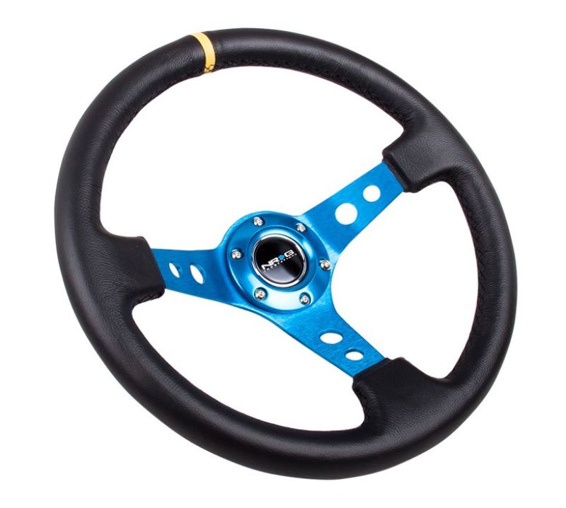 NRG RST-006BL-Y Reinforced Steering Wheel (350mm / 3in. Deep) Blk Leather w/Blue Cutout Spoke & Single Yellow CM