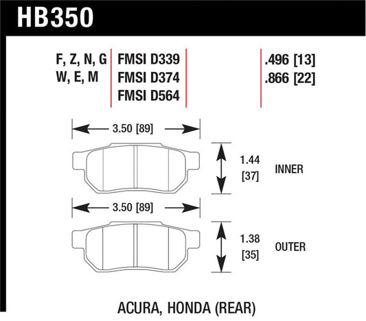 Hawk Performance HB350W.496 Hawk 86-01 Acura Integra LS / 99-00 Civic Coupe Si DTC-30 Race Rear Brake Pads