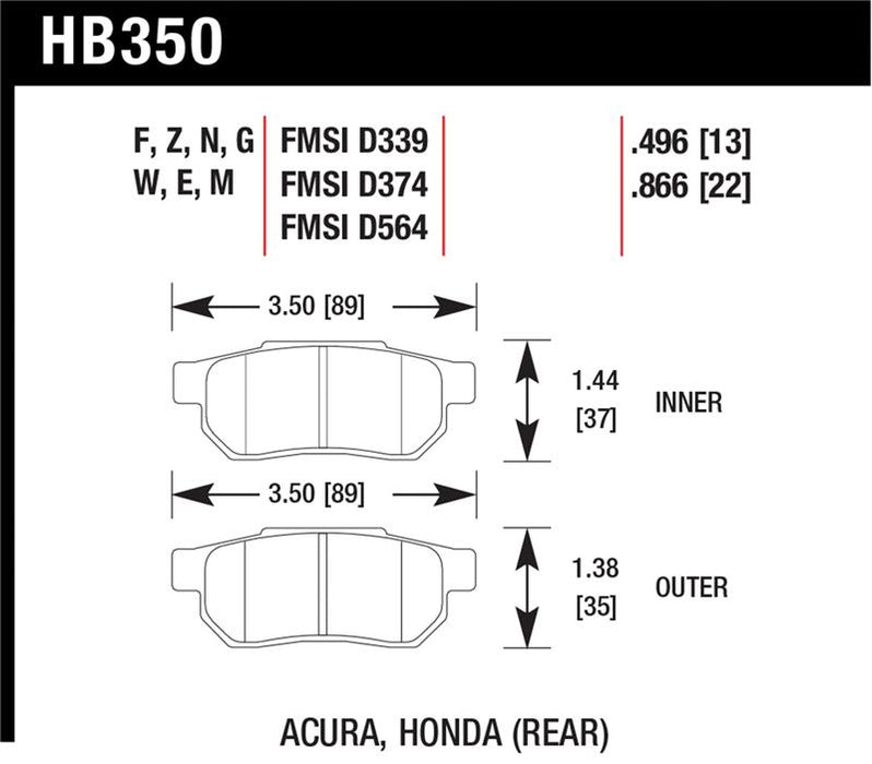 Hawk Performance HB350W.496 Hawk 86-01 Acura Integra LS / 99-00 Civic Coupe Si DTC-30 Race Rear Brake Pads