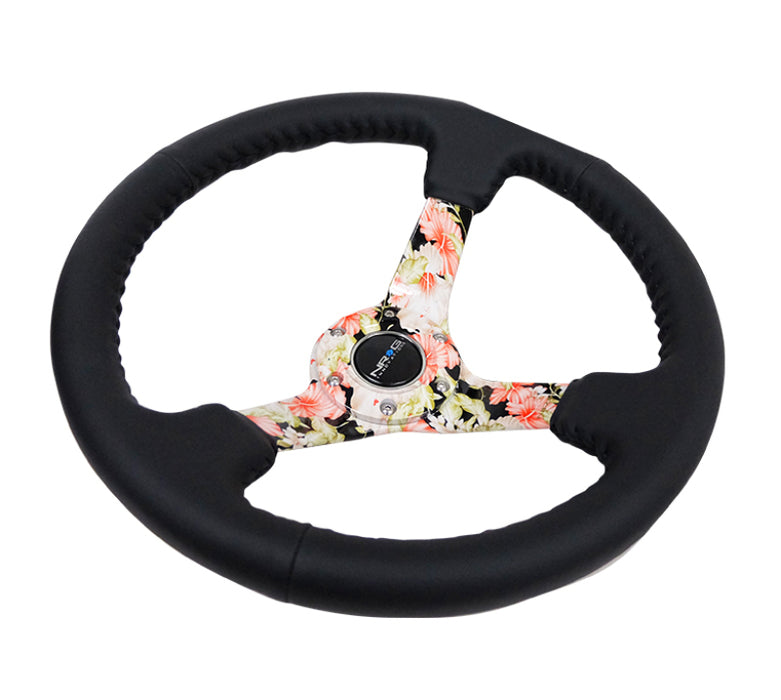 NRG RST-036FL-R Reinforced Steering Wheel (350mm / 3in. Deep) Blk Leather Floral Dipped w/ Blk Baseball Stitch