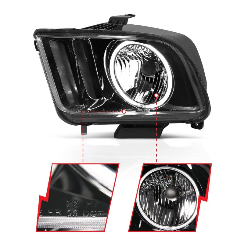 ANZO 121033 2005-2009 Ford Mustang Crystal Headlights w/ Halo Black (CCFL)