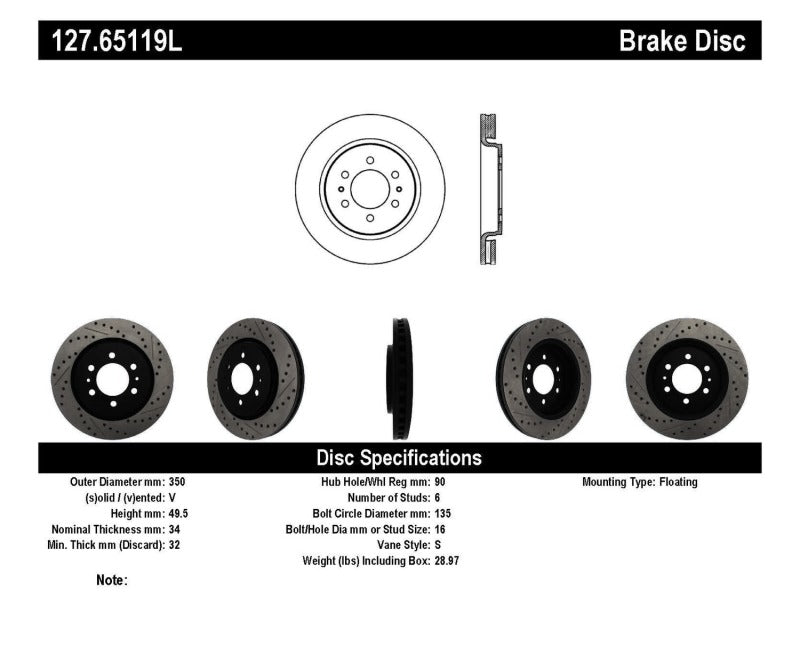 Stoptech 127.65119L StopTech Slotted & Drilled Sport Brake Rotor
