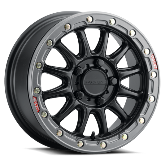 Raceline A14BG-57012+25 A14BG Alpha 15x7in/5x114.3 BP/25mm Offset/68mm Bore - Black & Gunmetal Ring Beadlock Wheel