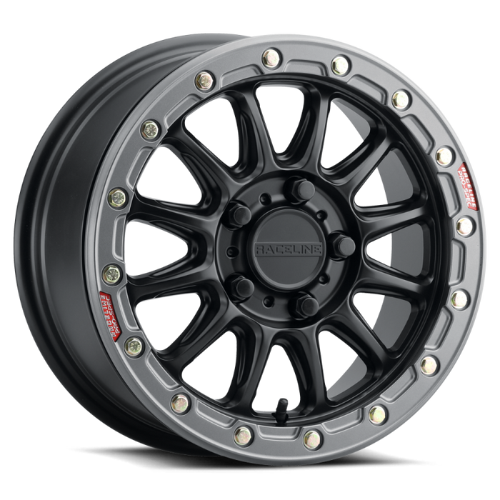 Raceline A14BG-57012+25 A14BG Alpha 15x7in/5x114.3 BP/25mm Offset/68mm Bore - Black & Gunmetal Ring Beadlock Wheel