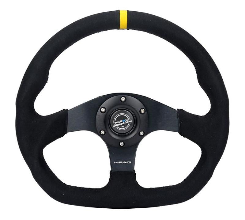 NRG RST-024D-MB-SA-Y Reinforced Steering Wheel (320mm) Sport Alcantara Dual Push Buttons Flat Bottom w/Yellow Center