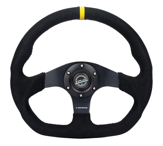 NRG RST-024D-MB-SA-Y Reinforced Steering Wheel (320mm) Sport Alcantara Dual Push Buttons Flat Bottom w/Yellow Center