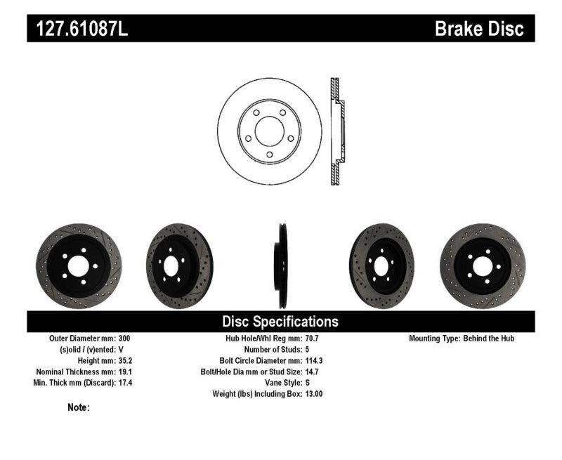 Stoptech 127.61087L StopTech 05-10 Ford Mustang Slotted & Drilled Left Rear Rotor