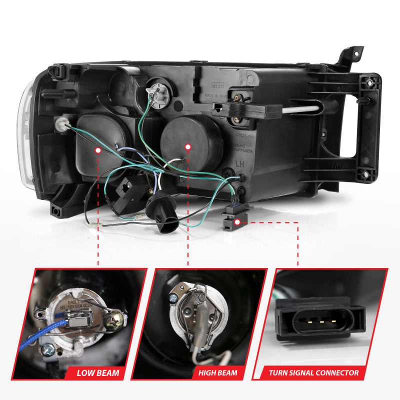 ANZO 111490 2002-2005 Dodge RAM 1500 Projector Headlights w/ Halo Black Clear Amber