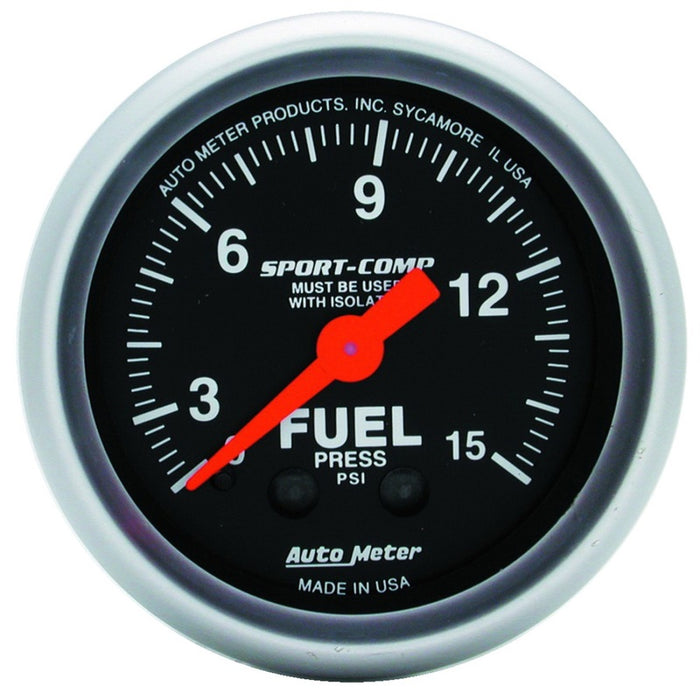 AutoMeter 3313 Gauge Fuel Pressure 2-1/16in. 15PSI Mechanical W/Isolator Sport-Comp