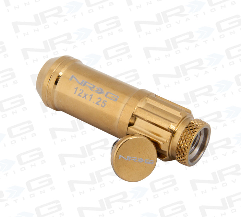 NRG LN-LS710CG-21 700 Series M12 X 1.25 Steel Lug Nut w/Dust Cap Cover Set 21 Pc w/Locks & Socket - Chrome Gold