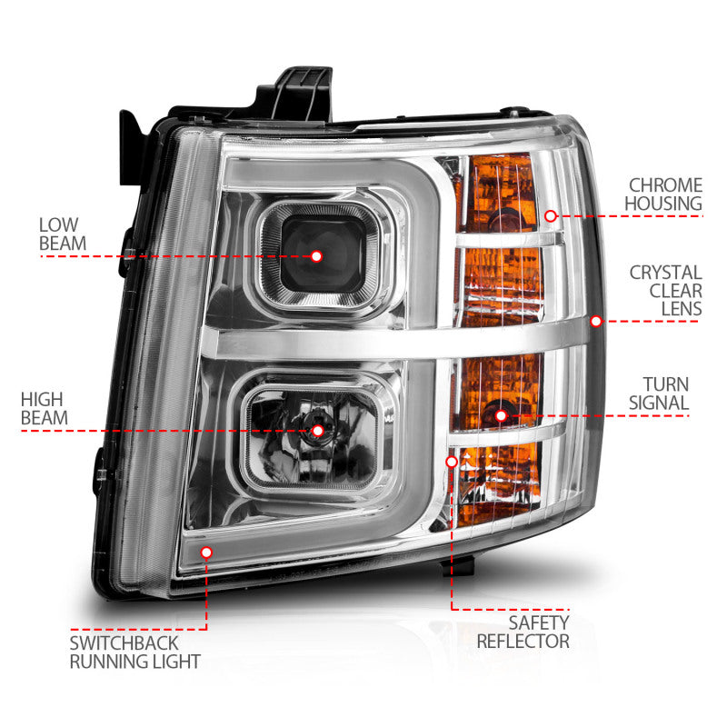 ANZO 111546 2007-2013 Chevrolet Silverado 1500 Projector w/ Light Bar Chrome Housing w/ Sequential