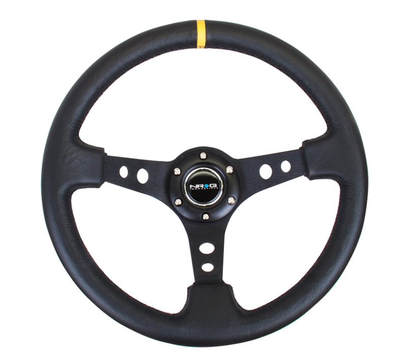 NRG RST-006BK-Y Reinforced Steering Wheel (350mm / 3in. Deep) Blk Leather w/Blk Cutout Spoke/Yellow Center Mark