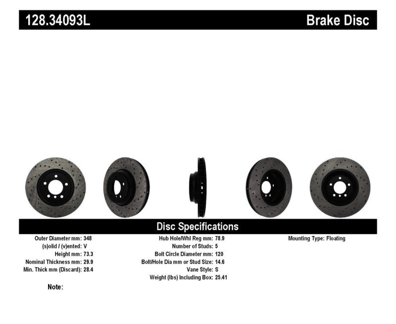 Stoptech 128.34093L StopTech 07-10 BMW 335i Cross Drilled Left Front Rotor
