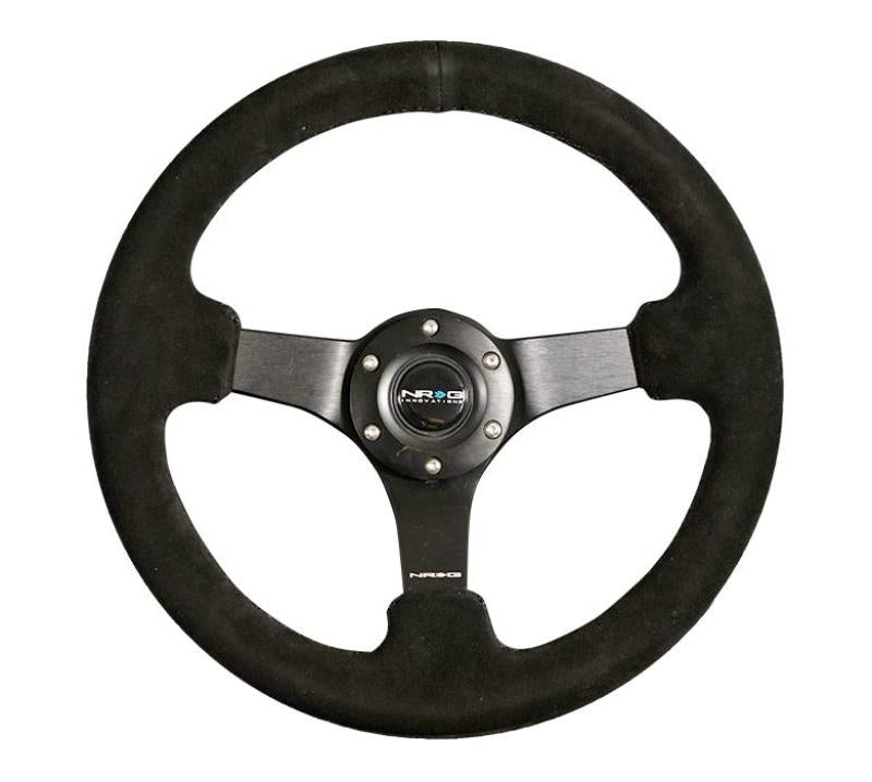 NRG RST-033BK-S Reinforced Steering Wheel (330mm / 3in Deep) Blk Suede w/Criss Cross Stitch w/Blk 3-Spoke Center