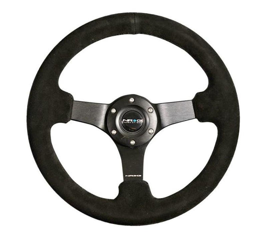 NRG RST-033BK-S Reinforced Steering Wheel (330mm / 3in Deep) Blk Suede w/Criss Cross Stitch w/Blk 3-Spoke Center