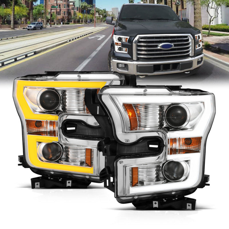 ANZO 111358 2015-2017 Ford F-150 Projector Headlights w/ Plank Style Switchback Chrome w/ Amber