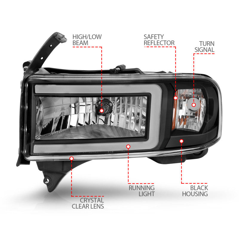 ANZO 111554 94-02 Dodge RAM Crystal Headlight - w/ Light Bar Black Housing