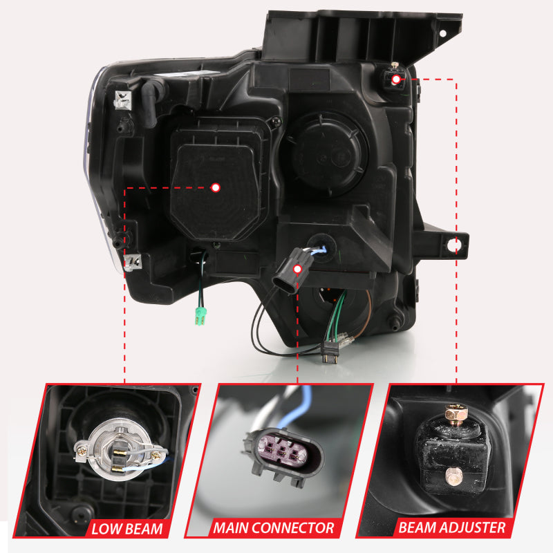 ANZO 111469 2009-2013 Ford F-150 Projector Light Bar G4 Switchback Headlights Black Amber